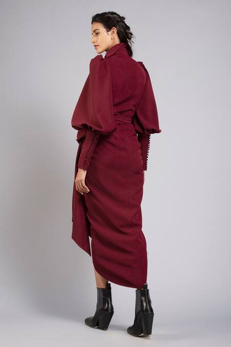 Shop Gauri & Nainika Maroon Micro Spread Collar Bishop Sleeve Wrap Dress at Aza Fashions Shop_Gauri & Nainika_Maroon Micro Spread Collar Bishop Sleeve Wrap Dress _at_Aza_Fashions