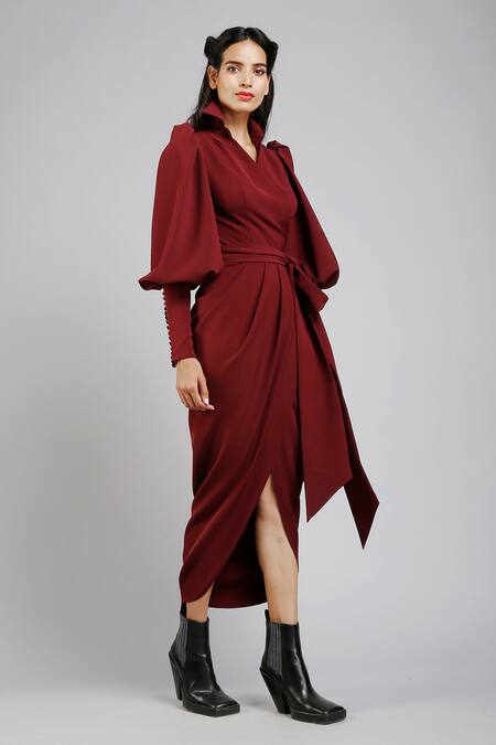 Gauri & Nainika Maroon Micro Spread Collar Bishop Sleeve Wrap Dress Online at Aza Fashions Gauri & Nainika_Maroon Micro Spread Collar Bishop Sleeve Wrap Dress _Online_at_Aza_Fashions