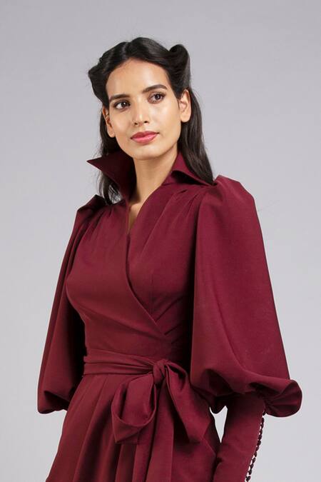 Shop Gauri & Nainika Maroon Micro Spread Collar Bishop Sleeve Wrap Dress Online at Aza Fashions Shop_Gauri & Nainika_Maroon Micro Spread Collar Bishop Sleeve Wrap Dress _Online_at_Aza_Fashions