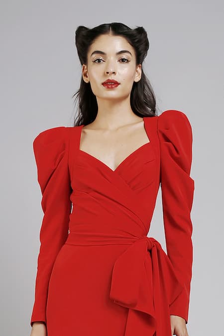 Shop Gauri & Nainika Red Micro Sweetheart Neck Draped Wrap Dress at Aza Fashions Shop_Gauri & Nainika_Red Micro Sweetheart Neck Draped Wrap Dress _at_Aza_Fashions