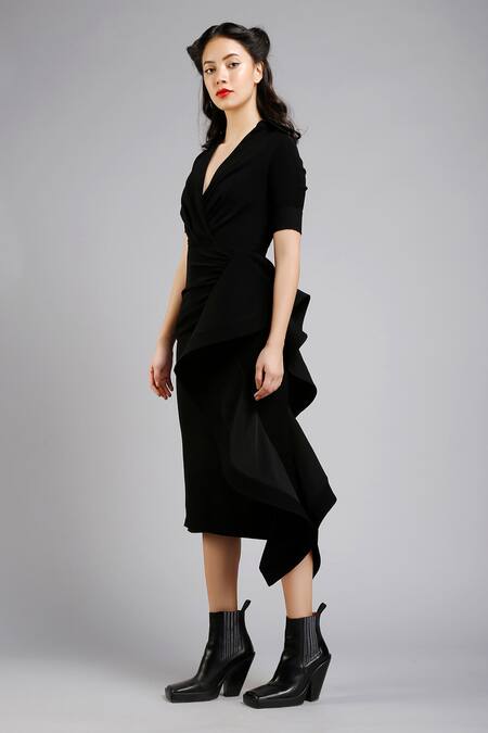 Gauri & Nainika Black Micro Spread Collar Draped Pencil Dress Online at Aza Fashions Gauri & Nainika_Black Micro Spread Collar Draped Pencil Dress _Online_at_Aza_Fashions