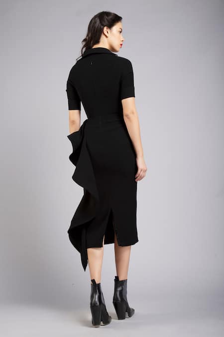 Shop Gauri & Nainika Black Micro Spread Collar Draped Pencil Dress at Aza Fashions Shop_Gauri & Nainika_Black Micro Spread Collar Draped Pencil Dress _at_Aza_Fashions