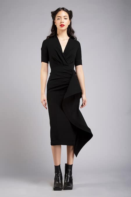 Gauri & Nainika Black Micro Spread Collar Draped Pencil Dress 