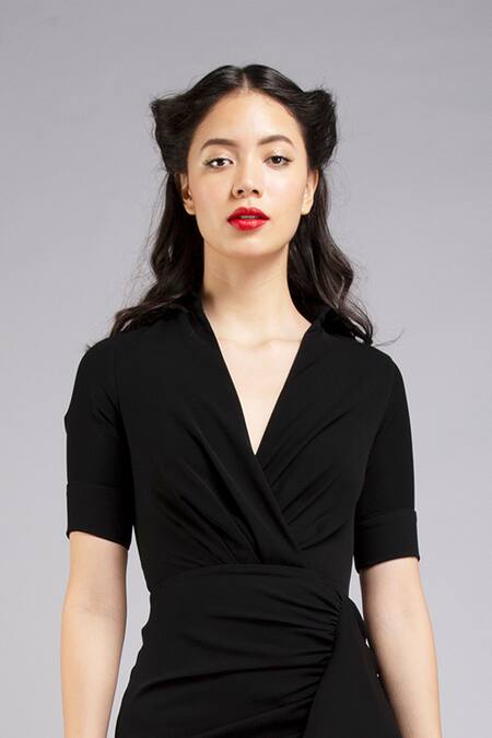 Buy Gauri & Nainika Black Micro Spread Collar Draped Pencil Dress Online at Aza Fashions Buy_Gauri & Nainika_Black Micro Spread Collar Draped Pencil Dress _Online_at_Aza_Fashions