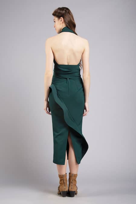 Shop Gauri & Nainika Green Micro Halter Backless Ruffle Dress at Aza Fashions Shop_Gauri & Nainika_Green Micro Halter Backless Ruffle Dress _at_Aza_Fashions