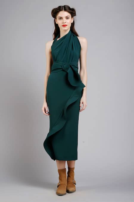 Gauri & Nainika Green Micro Halter Backless Ruffle Dress 