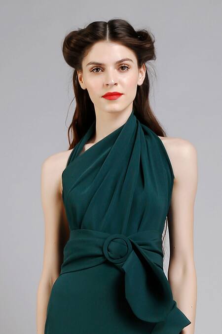 Buy Gauri & Nainika Green Micro Halter Backless Ruffle Dress Online at Aza Fashions Buy_Gauri & Nainika_Green Micro Halter Backless Ruffle Dress _Online_at_Aza_Fashions