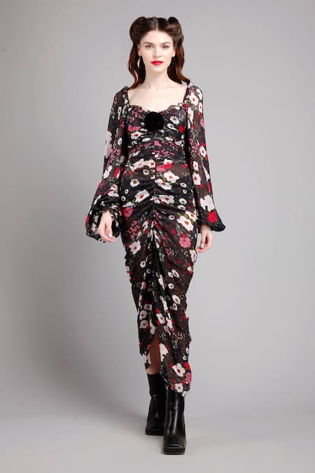 Gauri & Nainika Black Chiffon Sweetheart Neck Ruched Floral Print Asymmetric Dress 