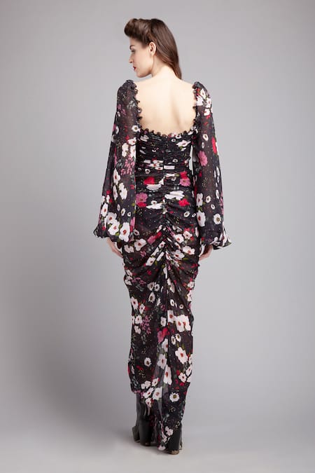 Shop Gauri & Nainika Black Chiffon Sweetheart Neck Ruched Floral Print Asymmetric Dress at Aza Fashions Shop_Gauri & Nainika_Black Chiffon Sweetheart Neck Ruched Floral Print Asymmetric Dress _at_Aza_Fashions