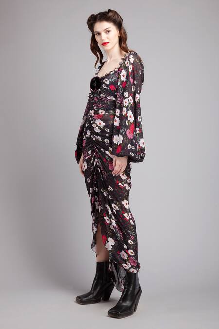 Gauri & Nainika Black Chiffon Sweetheart Neck Ruched Floral Print Asymmetric Dress Online at Aza Fashions Gauri & Nainika_Black Chiffon Sweetheart Neck Ruched Floral Print Asymmetric Dress _Online_at_Aza_Fashions