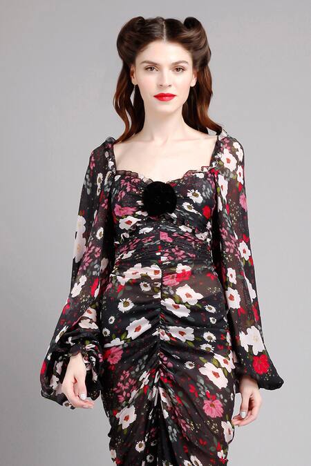 Buy Gauri & Nainika Black Chiffon Sweetheart Neck Ruched Floral Print Asymmetric Dress Online at Aza Fashions Buy_Gauri & Nainika_Black Chiffon Sweetheart Neck Ruched Floral Print Asymmetric Dress _Online_at_Aza_Fashions