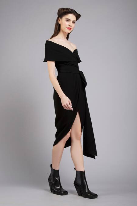 Gauri & Nainika Black Micro Off Shoulder Wrap Dress Online at Aza Fashions Gauri & Nainika_Black Micro Off Shoulder Wrap Dress _Online_at_Aza_Fashions