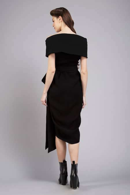 Shop Gauri & Nainika Black Micro Off Shoulder Wrap Dress at Aza Fashions Shop_Gauri & Nainika_Black Micro Off Shoulder Wrap Dress _at_Aza_Fashions