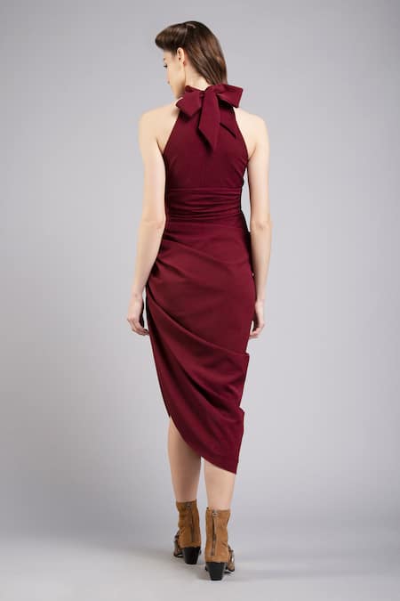 Shop Gauri & Nainika Maroon Micro High Neck Collar Asymmetric Halter Dress at Aza Fashions Shop_Gauri & Nainika_Maroon Micro High Neck Collar Asymmetric Halter Dress _at_Aza_Fashions