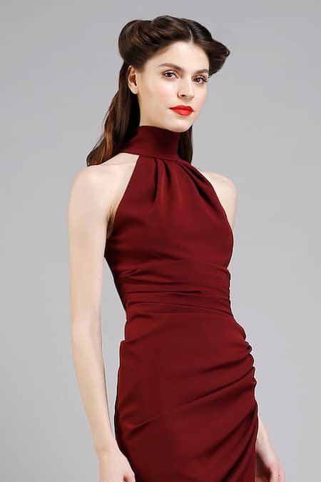 Gauri & Nainika Maroon Micro High Neck Collar Asymmetric Halter Dress Online at Aza Fashions Gauri & Nainika_Maroon Micro High Neck Collar Asymmetric Halter Dress _Online_at_Aza_Fashions