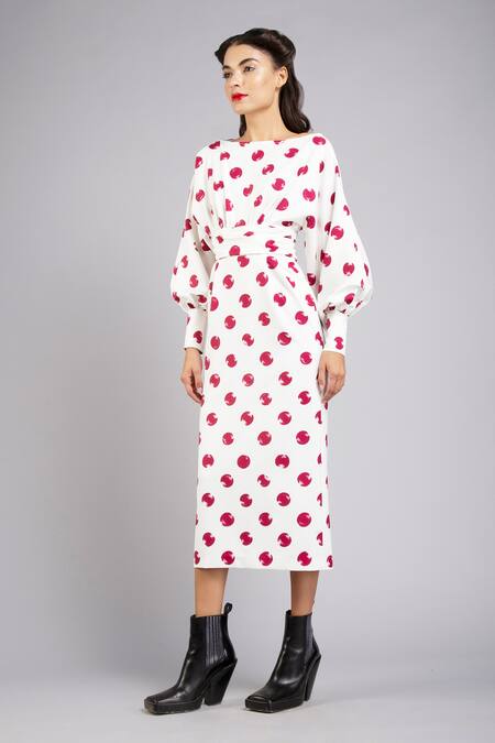 Gauri & Nainika White Micro Boat Polka Dot Print Dress Online at Aza Fashions Gauri & Nainika_White Micro Boat Polka Dot Print Dress _Online_at_Aza_Fashions