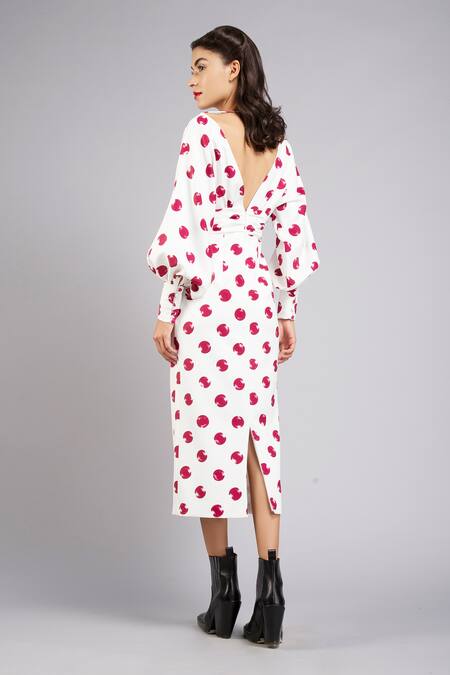 Shop Gauri & Nainika White Micro Boat Polka Dot Print Dress at Aza Fashions Shop_Gauri & Nainika_White Micro Boat Polka Dot Print Dress _at_Aza_Fashions