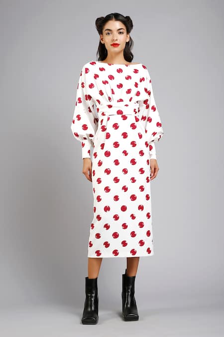 Gauri & Nainika White Micro Boat Polka Dot Print Dress 