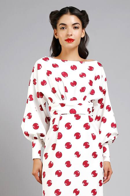 Buy Gauri & Nainika White Micro Boat Polka Dot Print Dress Online at Aza Fashions Buy_Gauri & Nainika_White Micro Boat Polka Dot Print Dress _Online_at_Aza_Fashions