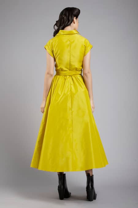 Shop Gauri & Nainika Yellow Taffeta V Neck Flared Wrap Dress at Aza Fashions Shop_Gauri & Nainika_Yellow Taffeta V Neck Flared Wrap Dress _at_Aza_Fashions