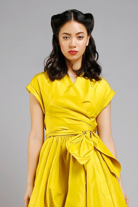 Buy Gauri & Nainika Yellow Taffeta V Neck Flared Wrap Dress Online at Aza Fashions Buy_Gauri & Nainika_Yellow Taffeta V Neck Flared Wrap Dress _Online_at_Aza_Fashions