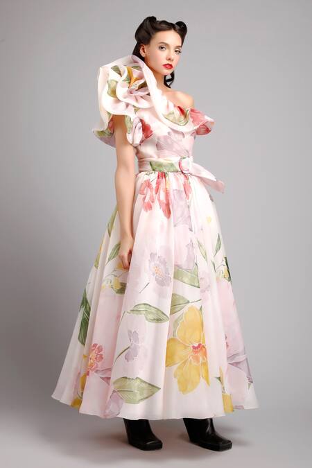 Gauri & Nainika_Pink Organza Asymmetric Floral Print One Shoulder Dress _Online_at_Aza_Fashions