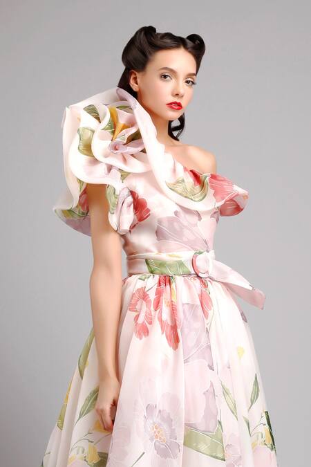 Buy_Gauri & Nainika_Pink Organza Asymmetric Floral Print One Shoulder Dress _Online_at_Aza_Fashions
