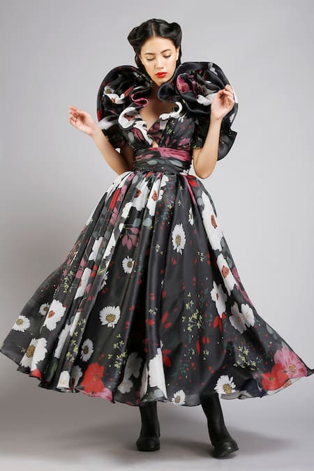 Gauri & Nainika Black Organza V Neck Floral Print Ruffle Dress 