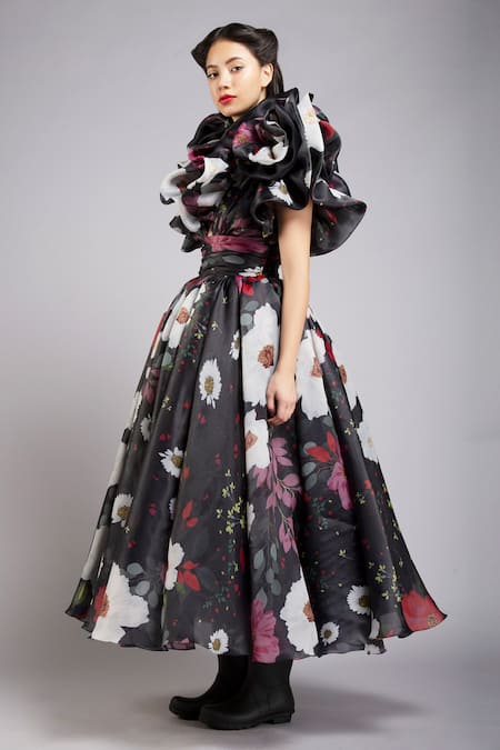 Shop Gauri & Nainika Black Organza V Neck Floral Print Ruffle Dress at Aza Fashions Shop_Gauri & Nainika_Black Organza V Neck Floral Print Ruffle Dress _at_Aza_Fashions