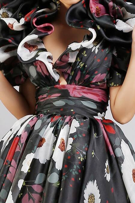 Buy Gauri & Nainika Black Organza V Neck Floral Print Ruffle Dress Online at Aza Fashions Buy_Gauri & Nainika_Black Organza V Neck Floral Print Ruffle Dress _Online_at_Aza_Fashions