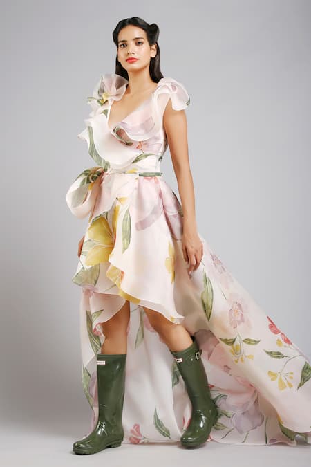 Gauri & Nainika Pink Organza V Neck Floral Print Asymmetric Dress 