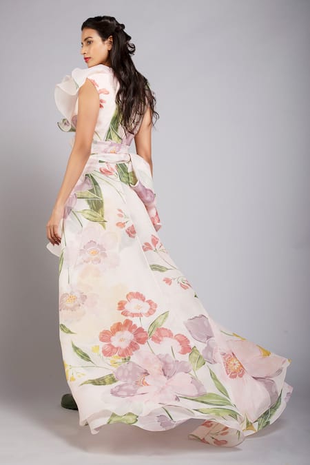 Shop Gauri & Nainika Pink Organza V Neck Floral Print Asymmetric Dress at Aza Fashions Shop_Gauri & Nainika_Pink Organza V Neck Floral Print Asymmetric Dress _at_Aza_Fashions