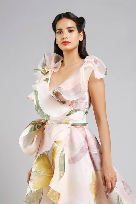Gauri & Nainika Pink Organza V Neck Floral Print Asymmetric Dress Online at Aza Fashions Gauri & Nainika_Pink Organza V Neck Floral Print Asymmetric Dress _Online_at_Aza_Fashions