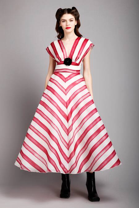 Gauri & Nainika White Organza V Neck Printed Flared Dress Online at Aza Fashions Gauri & Nainika_White Organza V Neck Printed Flared Dress _Online_at_Aza_Fashions