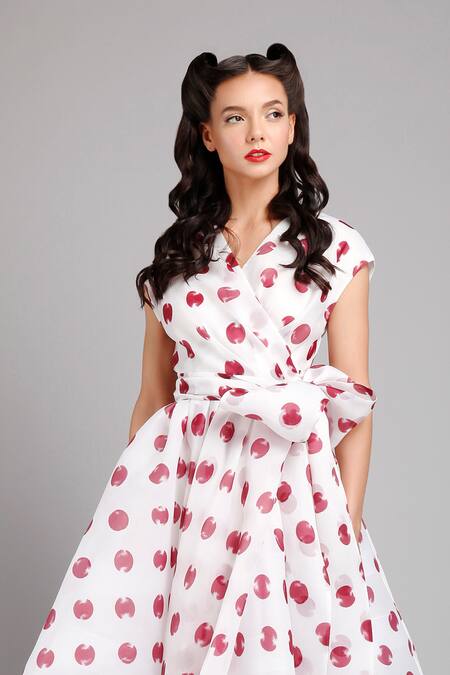 Buy Gauri & Nainika White Organza V Neck Polka Dot Print Dress Online at Aza Fashions Buy_Gauri & Nainika_White Organza V Neck Polka Dot Print Dress _Online_at_Aza_Fashions