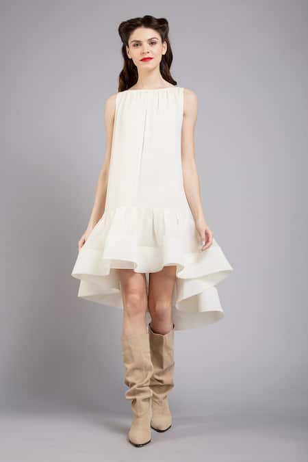 Gauri & Nainika White Crepe Bateau High Low Trapeze Dress 