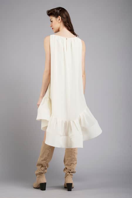 Shop_Gauri & Nainika_White Crepe Bateau High Low Trapeze Dress _at_Aza_Fashions