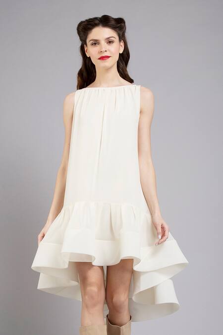 Buy Gauri & Nainika White Crepe Bateau High Low Trapeze Dress Online at Aza Fashions Buy_Gauri & Nainika_White Crepe Bateau High Low Trapeze Dress _Online_at_Aza_Fashions