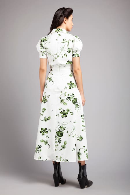Shop Gauri & Nainika White Micro Spread Collar Floral Print Midi Dress at Aza Fashions Shop_Gauri & Nainika_White Micro Spread Collar Floral Print Midi Dress _at_Aza_Fashions