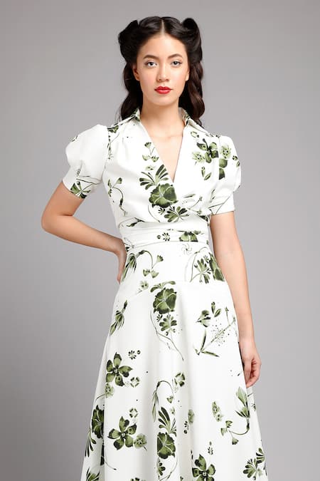 Buy Ecru Floral Print Pleated Midi Dress Online - Label Ritu Kumar India  Store View