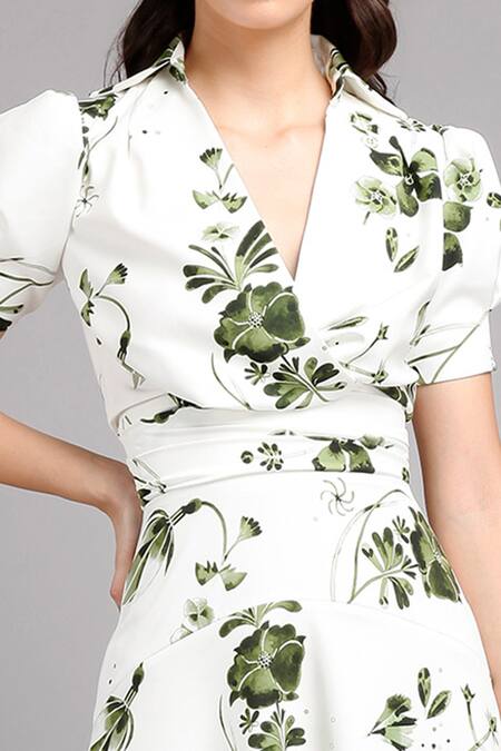 Shop Gauri & Nainika White Micro Spread Collar Floral Print Midi Dress Online at Aza Fashions Shop_Gauri & Nainika_White Micro Spread Collar Floral Print Midi Dress _Online_at_Aza_Fashions