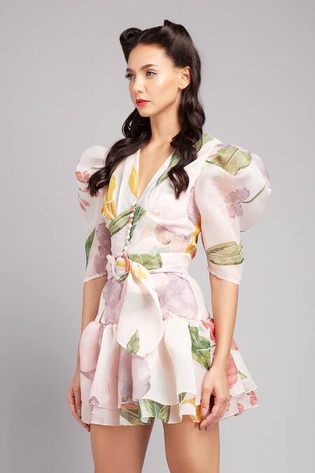 Gauri & Nainika Pink Organza V Neck Floral Print Layered Dress Online at Aza Fashions Gauri & Nainika_Pink Organza V Neck Floral Print Layered Dress _Online_at_Aza_Fashions
