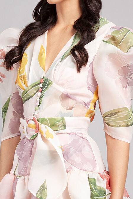 Gauri & Nainika Pink Organza V Neck Floral Print Layered Dress at Aza Fashions Gauri & Nainika_Pink Organza V Neck Floral Print Layered Dress _at_Aza_Fashions