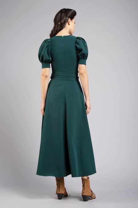 Shop Gauri & Nainika Green Micro V Neck Asymmetric Flared Midi Dress at Aza Fashions Shop_Gauri & Nainika_Green Micro V Neck Asymmetric Flared Midi Dress _at_Aza_Fashions
