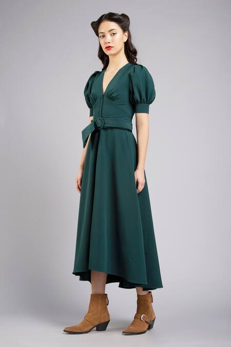 Gauri & Nainika Green Micro V Neck Asymmetric Flared Midi Dress Online at Aza Fashions Gauri & Nainika_Green Micro V Neck Asymmetric Flared Midi Dress _Online_at_Aza_Fashions