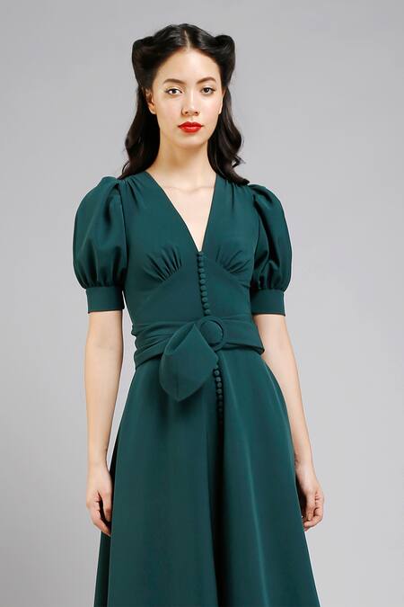 Buy Gauri & Nainika Green Micro V Neck Asymmetric Flared Midi Dress Online at Aza Fashions Buy_Gauri & Nainika_Green Micro V Neck Asymmetric Flared Midi Dress _Online_at_Aza_Fashions
