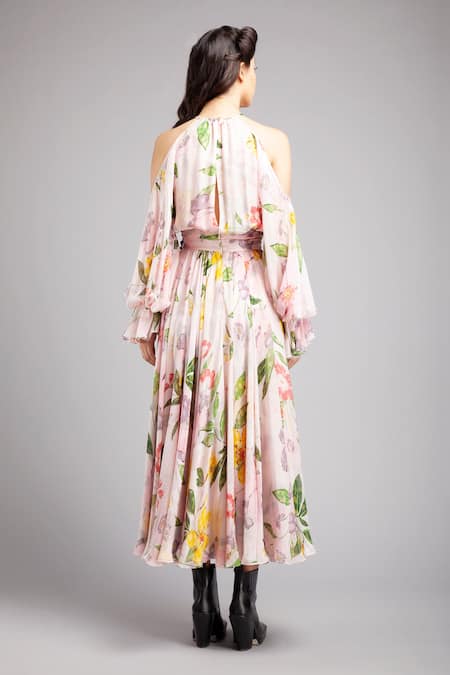 Shop Gauri & Nainika Pink Chiffon Halter Cold Shoulder Floral Print Dress at Aza Fashions Shop_Gauri & Nainika_Pink Chiffon Halter Cold Shoulder Floral Print Dress _at_Aza_Fashions