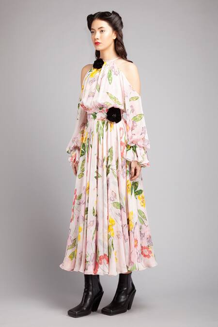 Gauri & Nainika Pink Chiffon Halter Cold Shoulder Floral Print Dress Online at Aza Fashions Gauri & Nainika_Pink Chiffon Halter Cold Shoulder Floral Print Dress _Online_at_Aza_Fashions