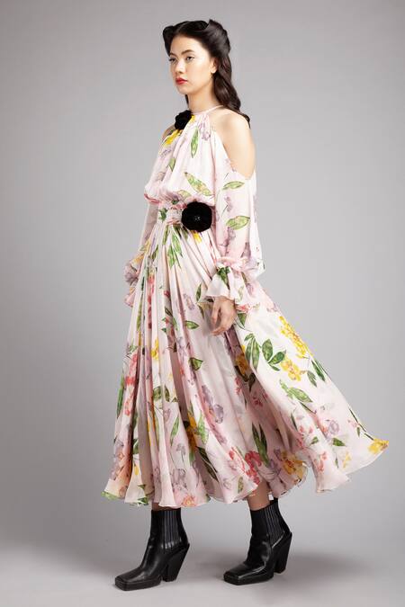 Buy Gauri & Nainika Pink Chiffon Halter Cold Shoulder Floral Print Dress Online at Aza Fashions Buy_Gauri & Nainika_Pink Chiffon Halter Cold Shoulder Floral Print Dress _Online_at_Aza_Fashions