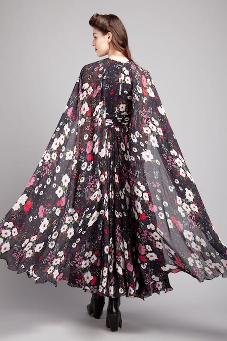 Shop Gauri & Nainika Black Chiffon Round Floral Print Cape Dress at Aza Fashions Shop_Gauri & Nainika_Black Chiffon Round Floral Print Cape Dress _at_Aza_Fashions